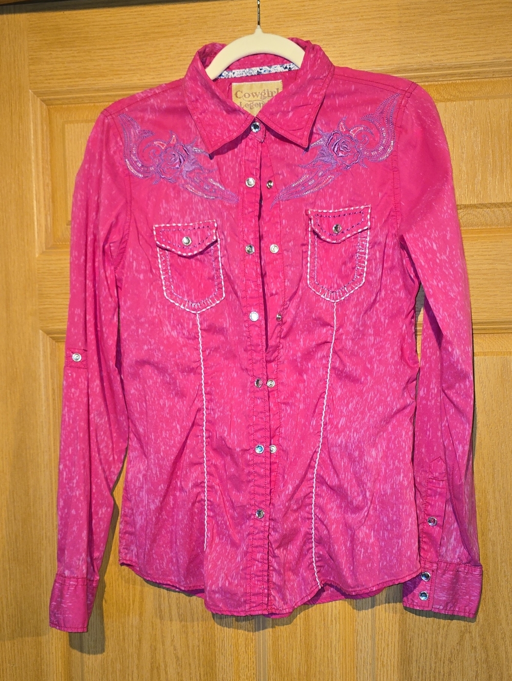 Cowgirl Up Women's Hot Pink Embroidered Western Button-Up Blouse